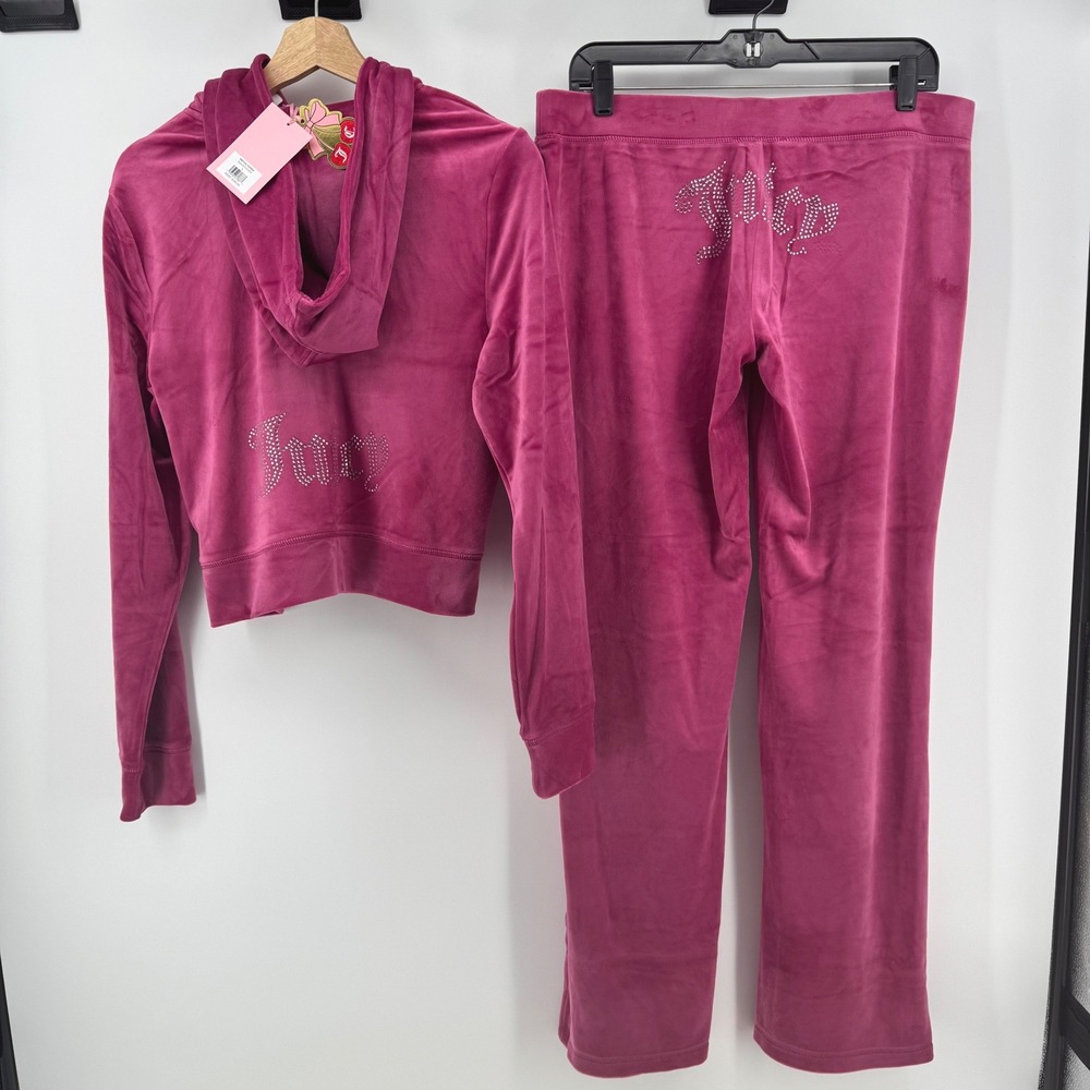 $199 Juicy Couture Large OG Bling Velour Tracksuit Festival Fuchsia Hoodie Pant‎